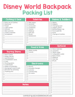 Disney World Backpack Packing List & Day planner